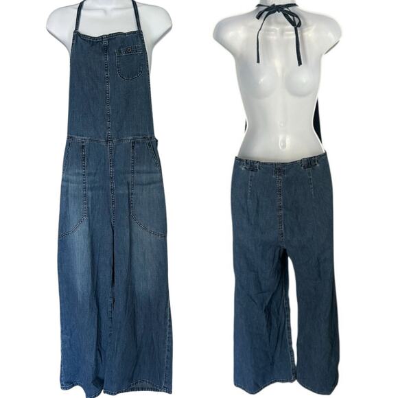 AG Adriano Goldschmied Denim Halter Jumpsuit Women’s L Wide Leg Blue 100% Cotton - Picture 1 of 10